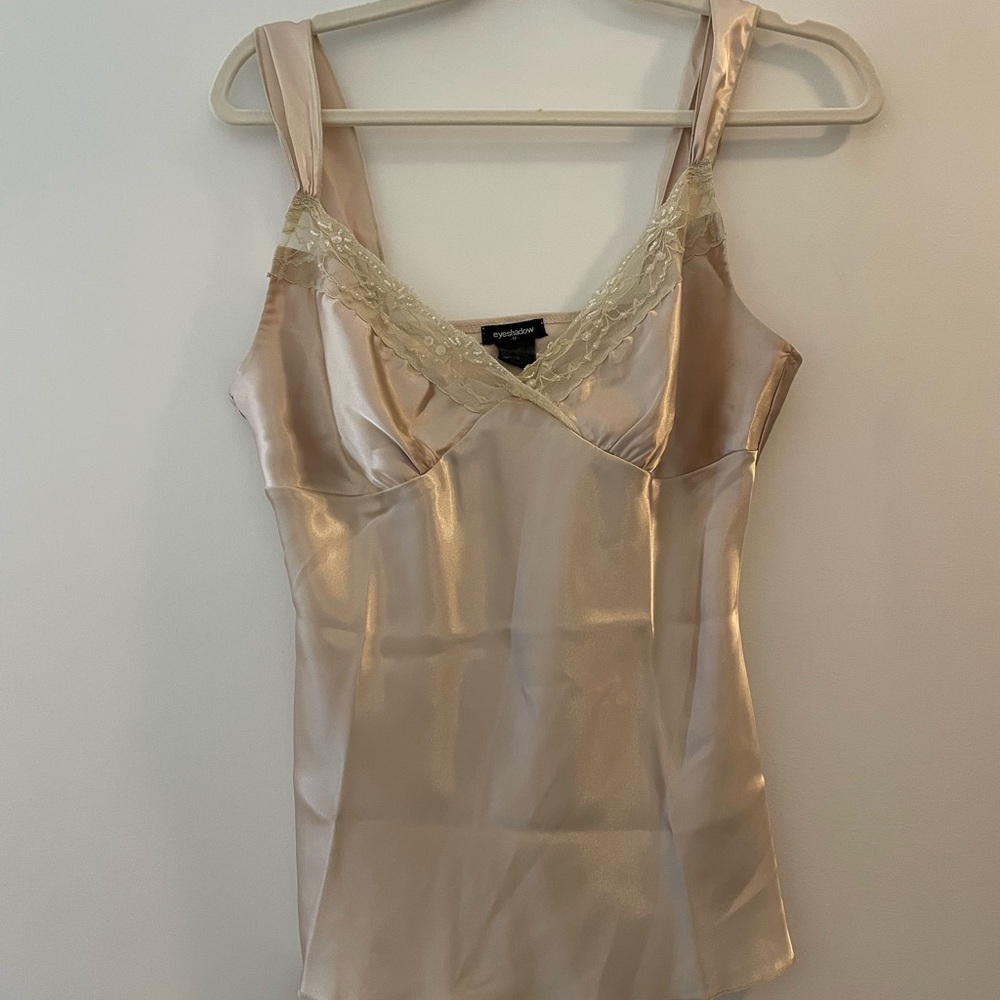 Vintage Satin Cami Tank in Champagne with Lace trim